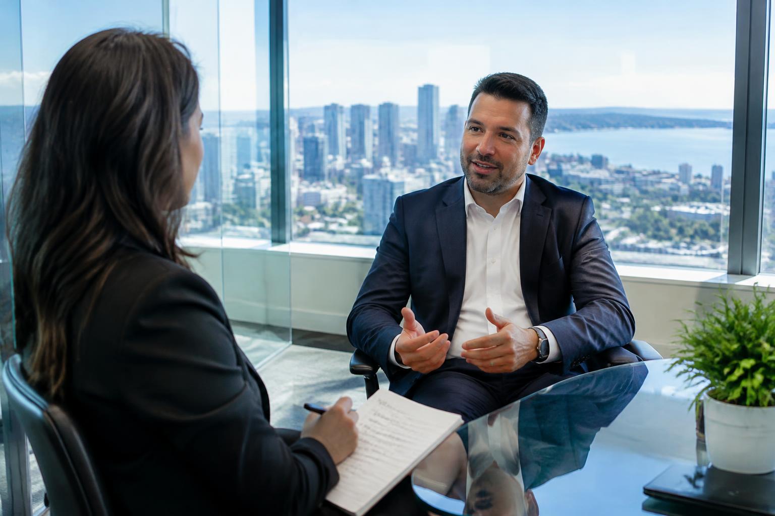 A client taking notes while interviewing a real estate broker in a Seattle high-rise meeting room