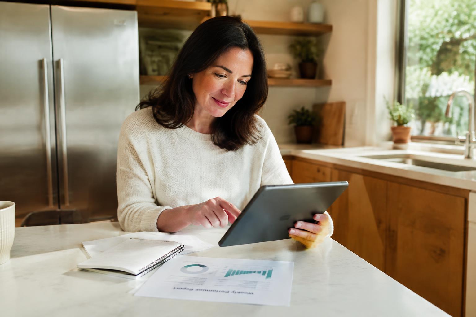 Homeowner reviewing a weekly listing performance report at a kitchen island