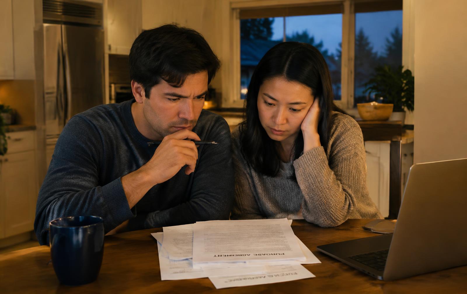 Home buyers at a kitchen table reviewing their purchase agreement in the evening