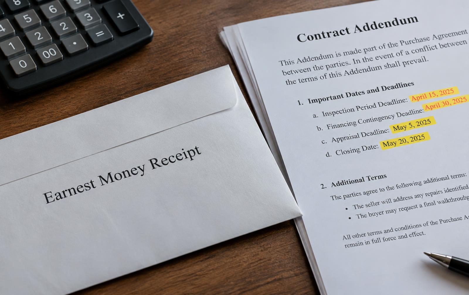 Earnest money receipt envelope next to a contract addendum with highlighted deadlines