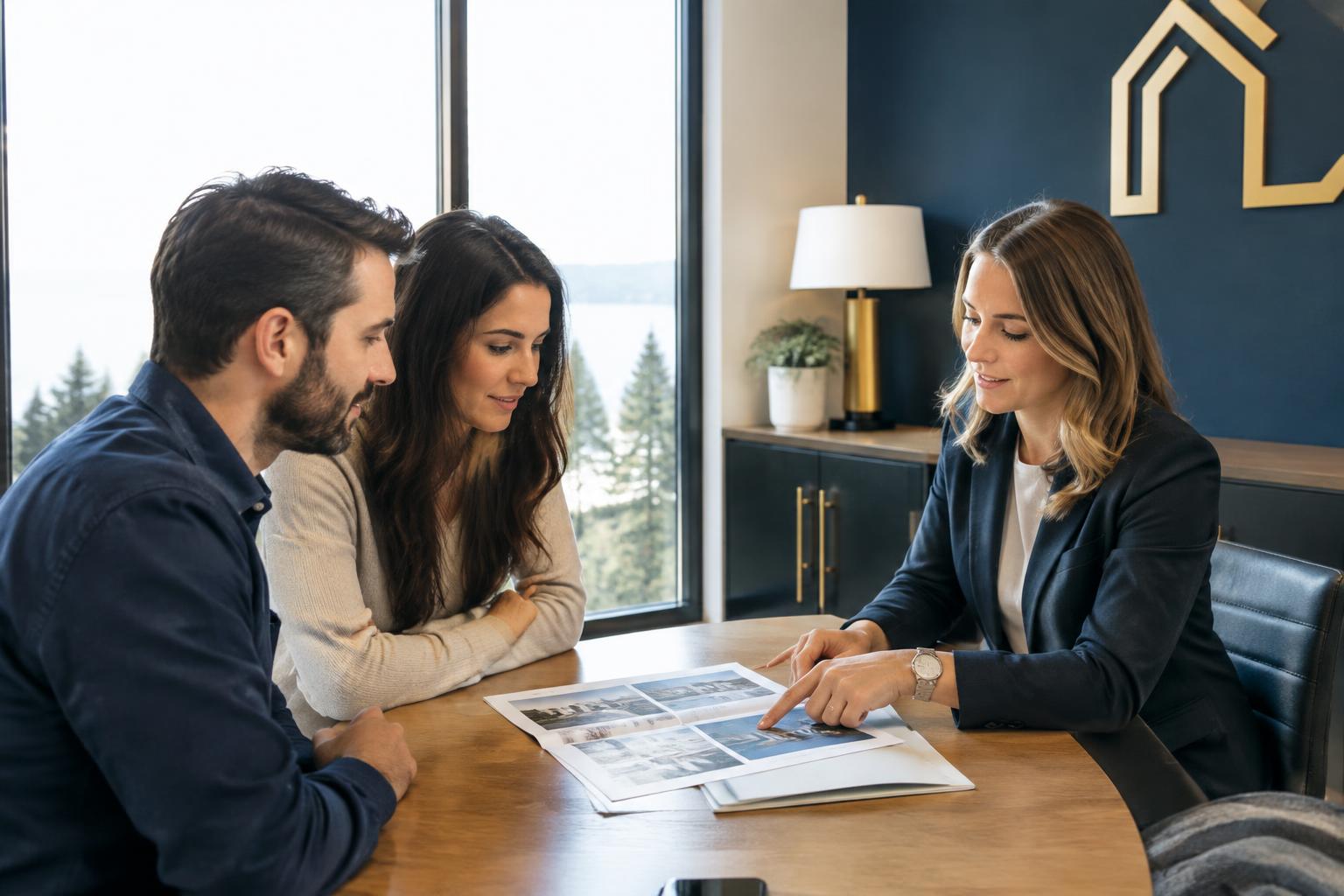 Buyers reviewing listing materials with a real estate advisor in a Bellevue office