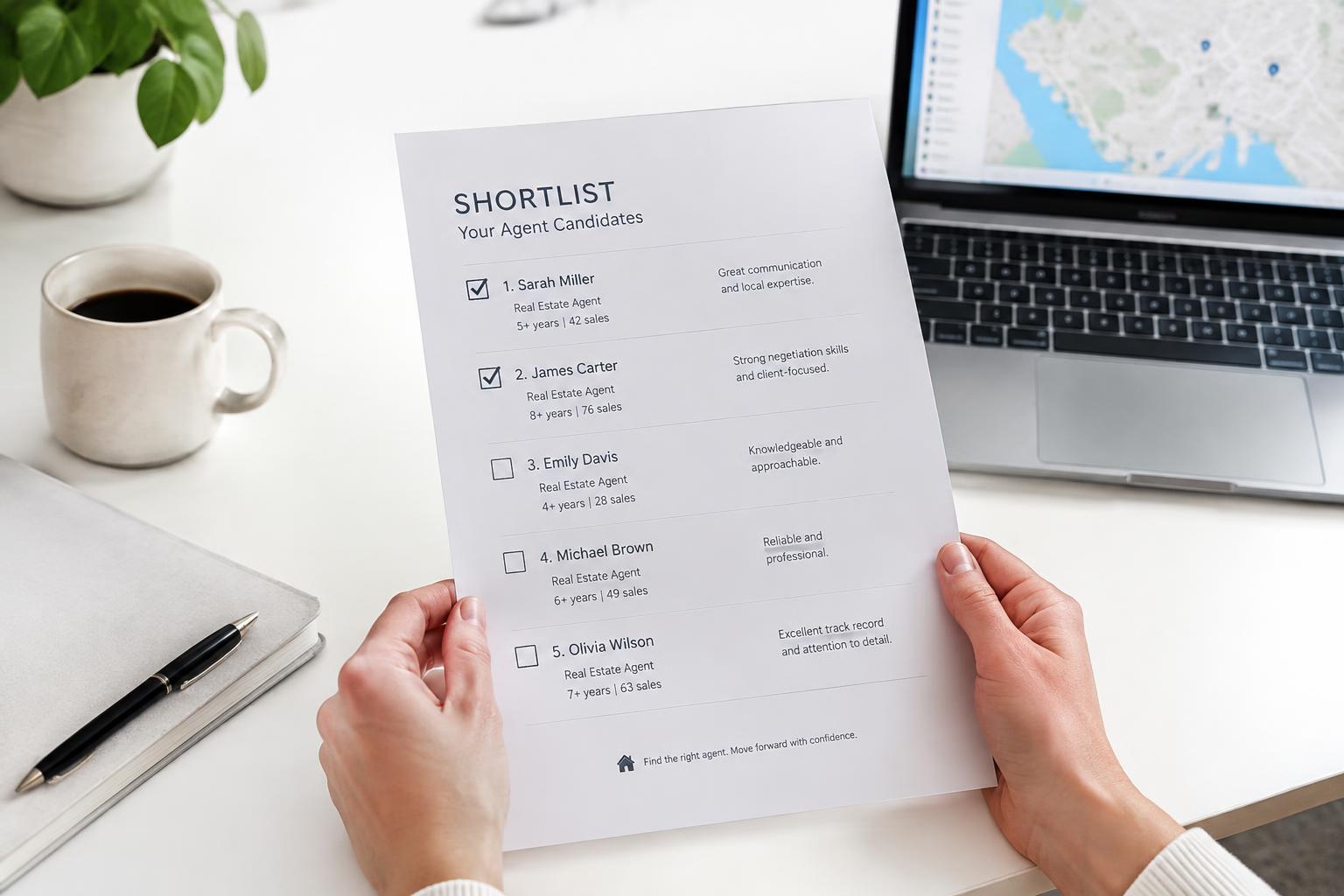 A printed shortlist of agent candidates on a desk next to a laptop map search