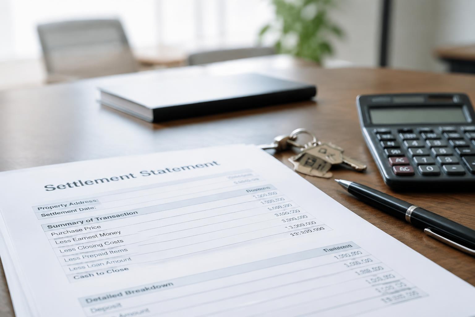 Settlement statement, house keys and a calculator on a closing table