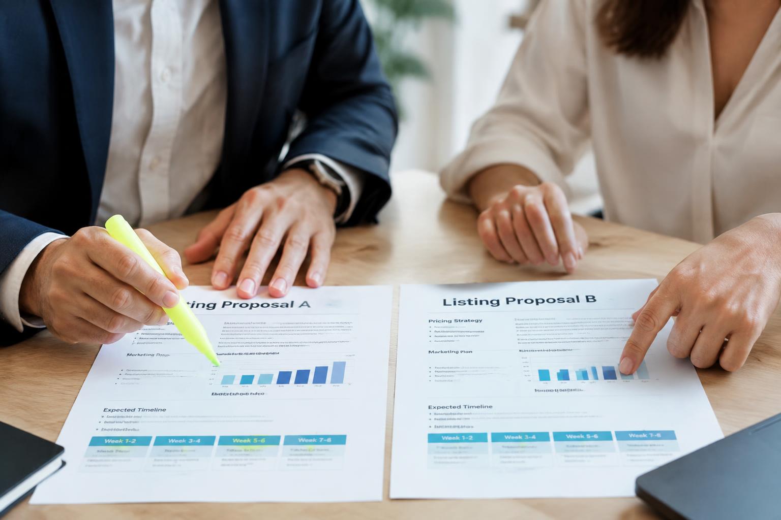 A seller and advisor comparing two listing proposals side by side with a highlighter