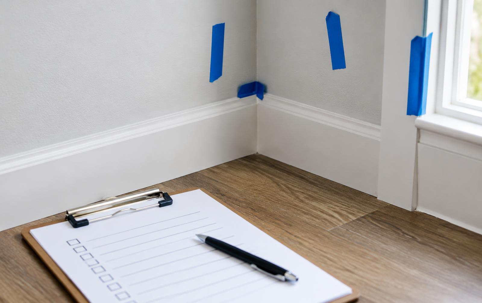 Blue tape marking paint touch-ups beside a walkthrough checklist on a clipboard