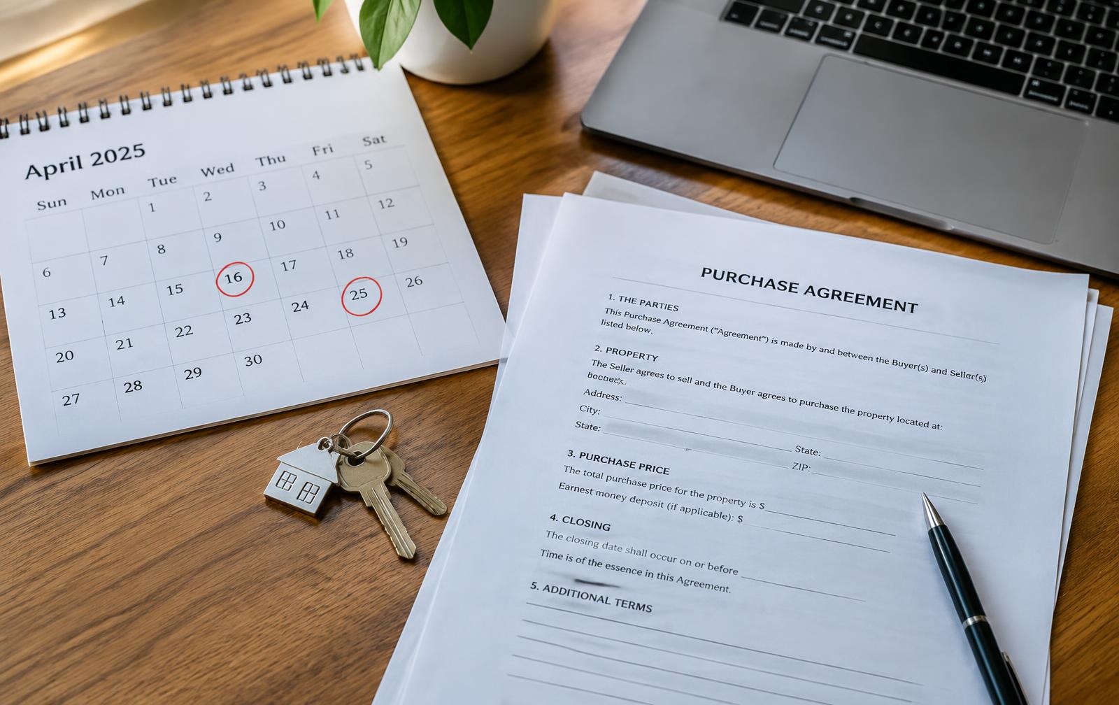 Calendar with two circled dates beside a purchase agreement and house keys