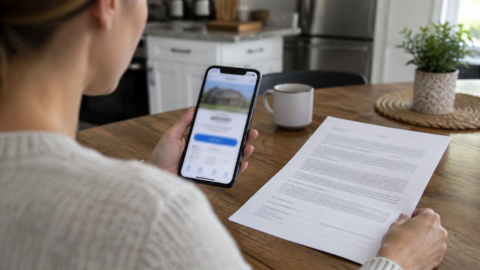 Homeowner comparing an offer on a phone with a printed contract at a kitchen table