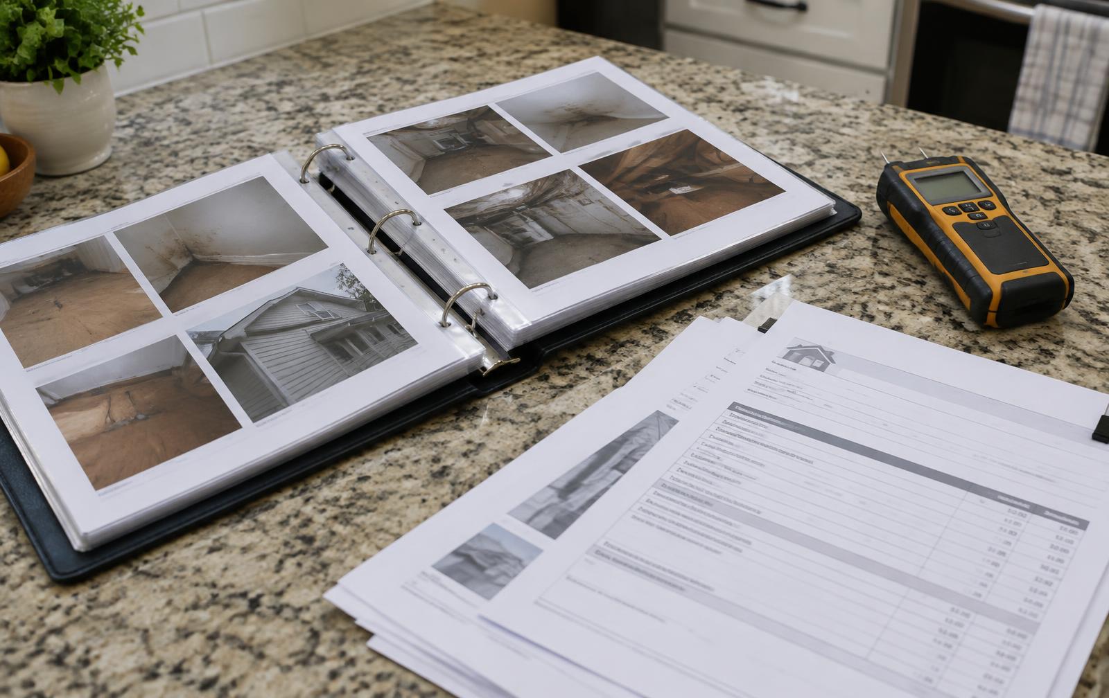 Inspection report binder, moisture meter and contractor estimates on a kitchen counter