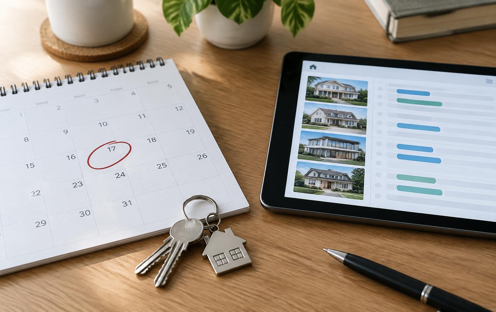 Calendar with an offer review date circled next to house keys and a showing schedule