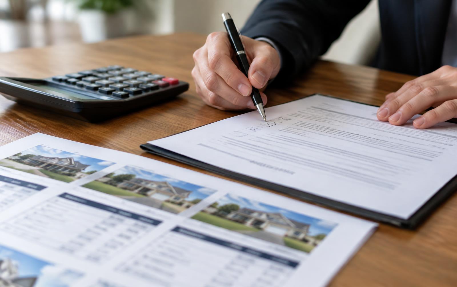 Broker marking up a counter offer next to a calculator and comparable sales printouts