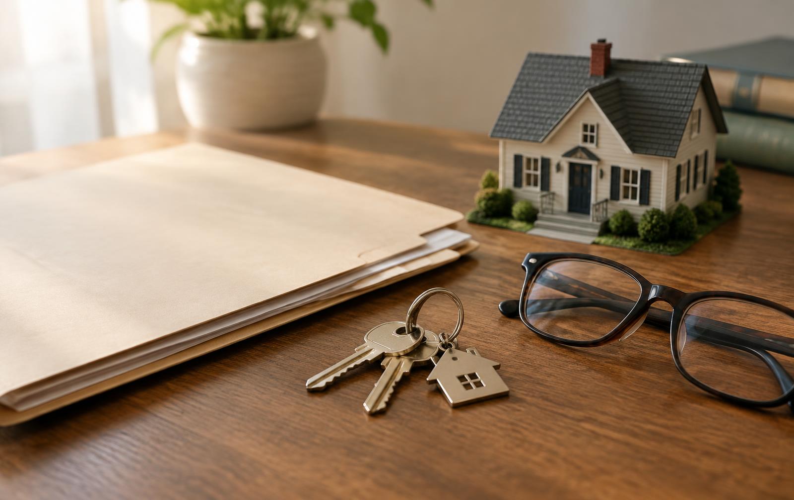 Estate document folder, house keys and reading glasses beside a model house