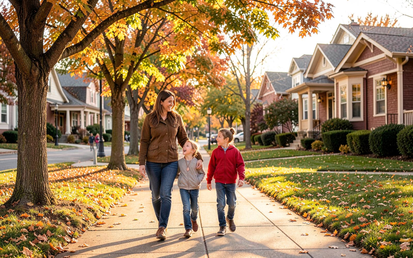 Family walking to school on a tree-lined Bellevue street