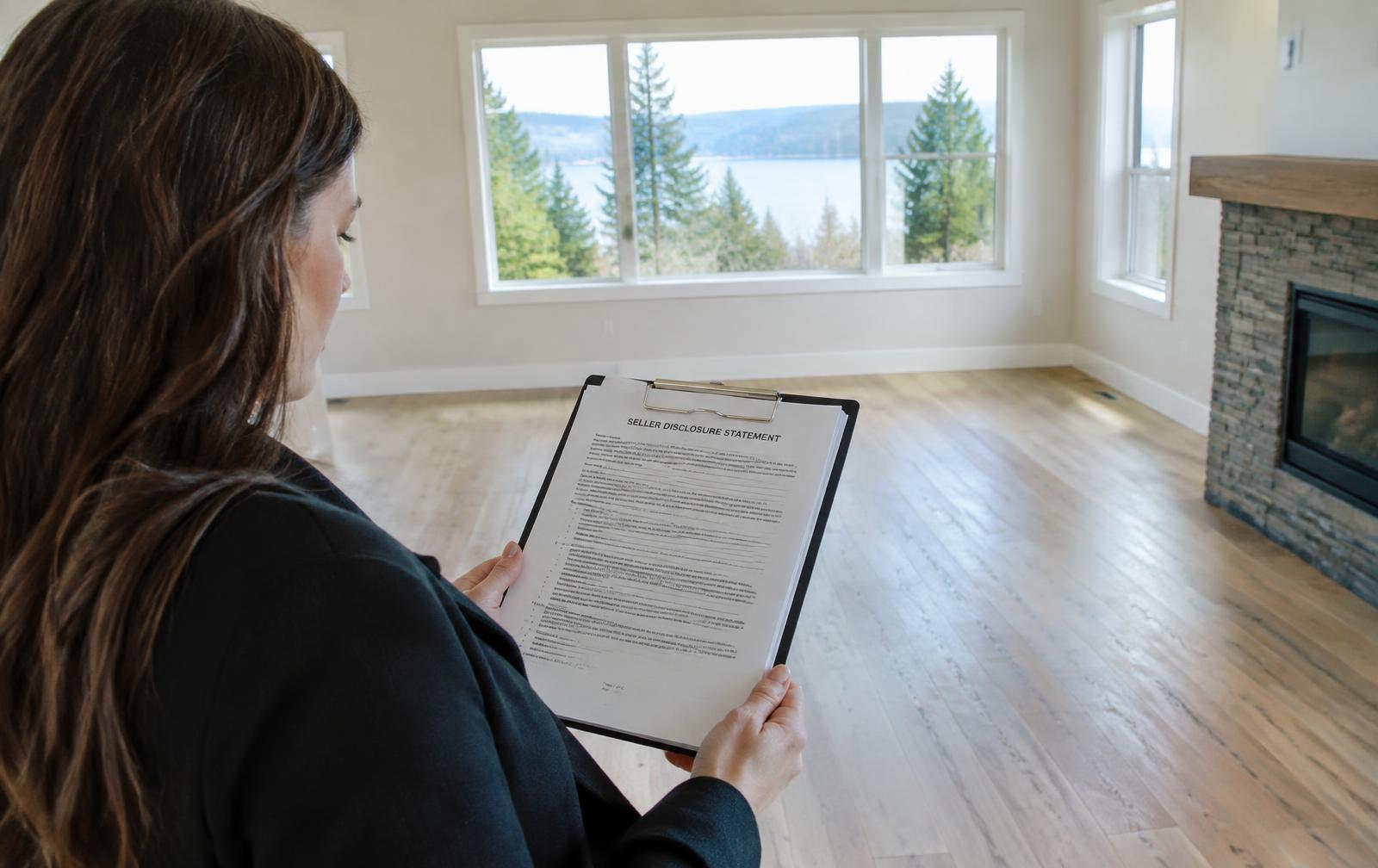 Buyer reading a seller disclosure statement on a clipboard in an empty living room