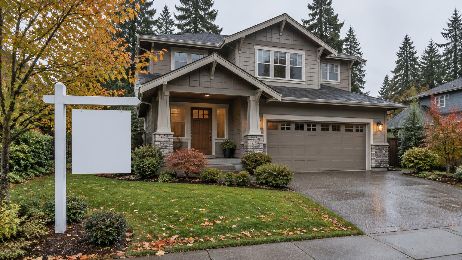 Craftsman home in Bellevue with a blank yard sign on an overcast autumn day
