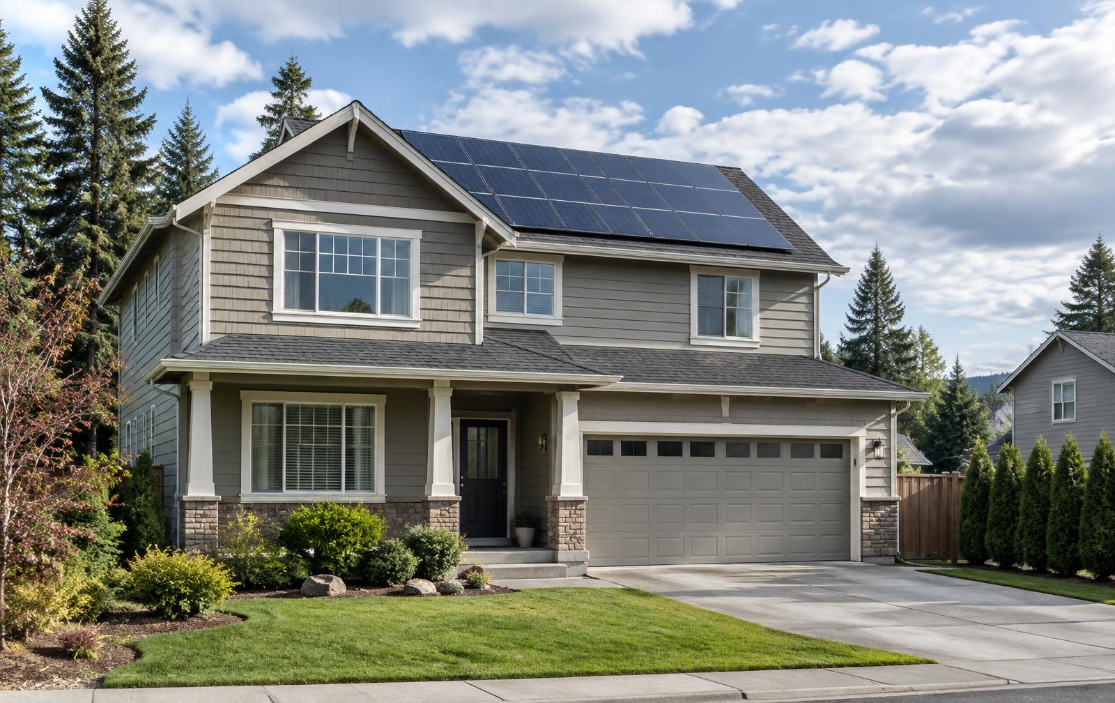 Eastside Washington single-family home with rooftop solar panels and evergreen trees