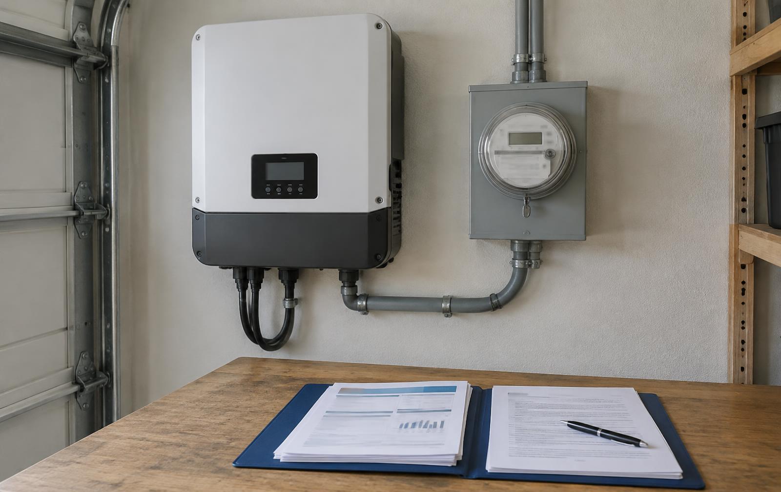 Solar inverter and electric meter on a garage wall beside a folder of utility bills and lease papers