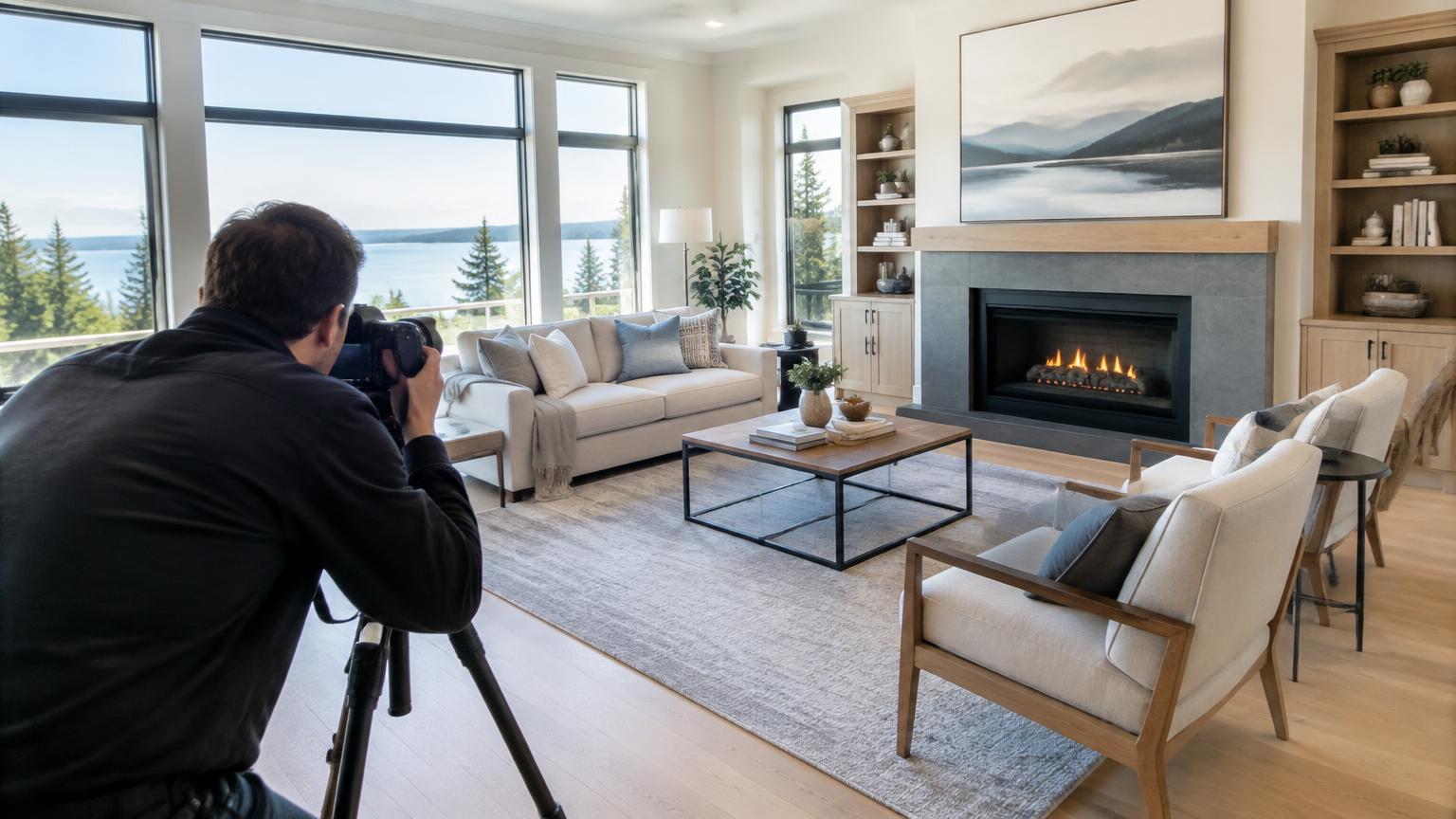 Real estate photographer shooting a staged living room in a Pacific Northwest home