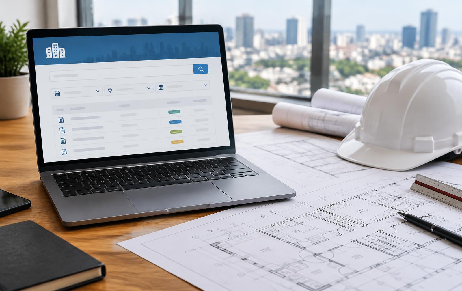 Laptop showing a permit records search beside floor plans and a hard hat