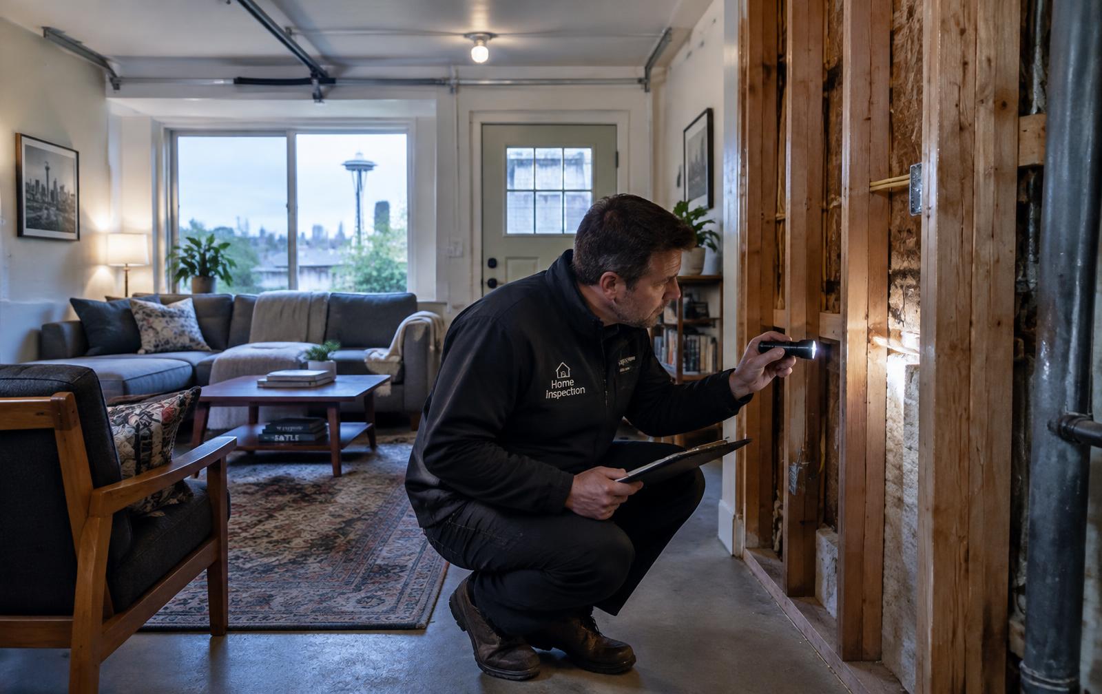 Home inspector checking framing in a garage converted to living space in a Seattle house