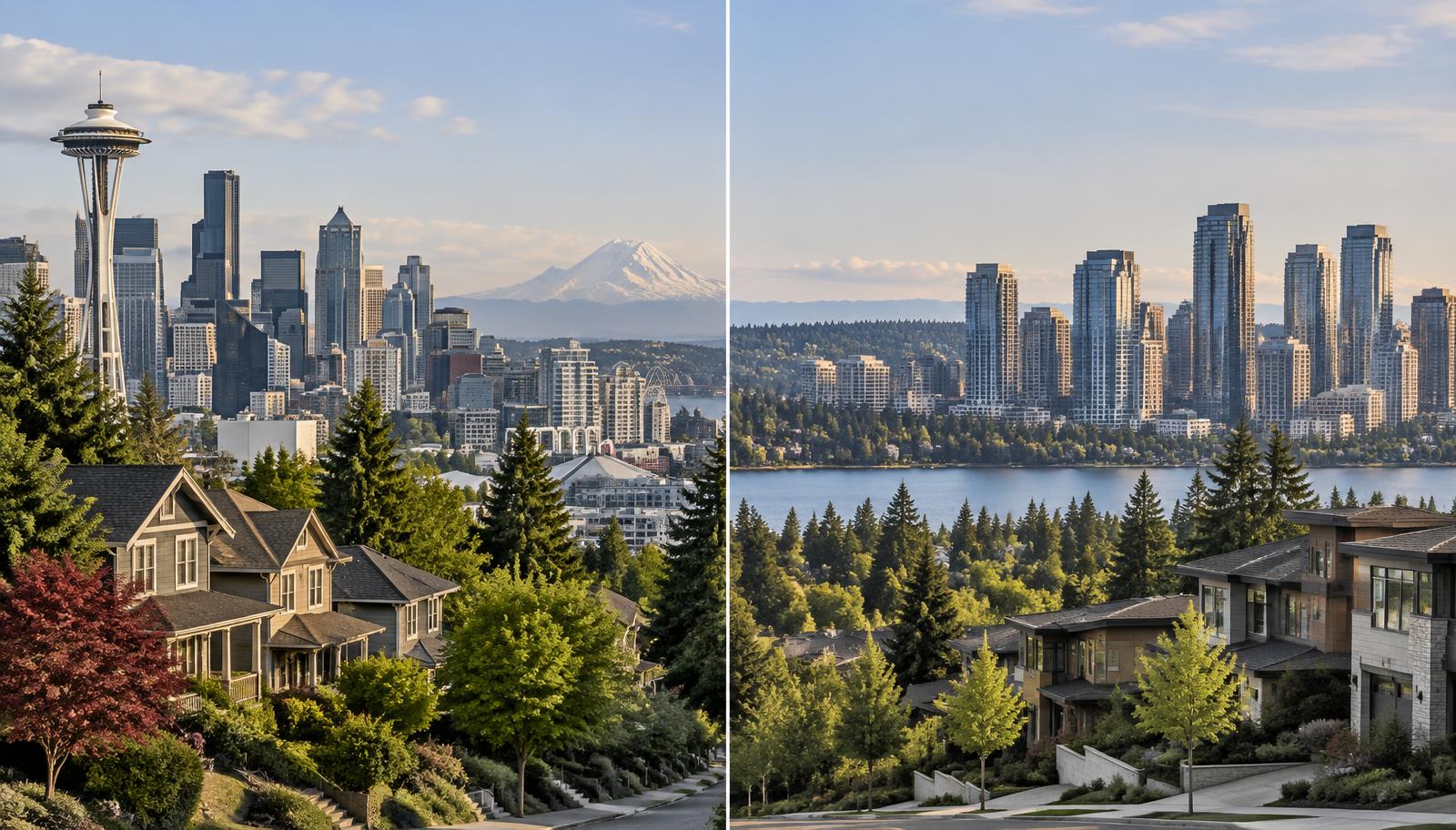 西雅图(Seattle) vs. 贝尔维尤(Bellevue)房地产:买家应如何选择——概念插图,非实际挂牌或账单