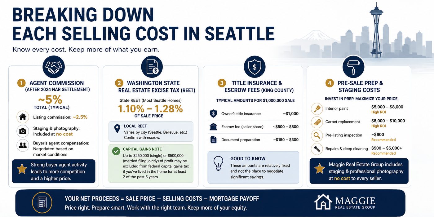 Components of net proceeds from home sale: commissions, REET, closing costs & preparation expenses