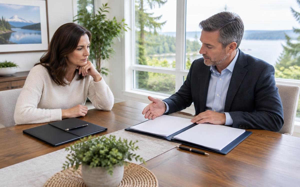 Seller and advisor reviewing separate agreement folders — AI-generated illustration, not actual clients.