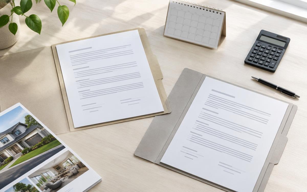 Two agreement folders, a calendar and calculator arranged for document review