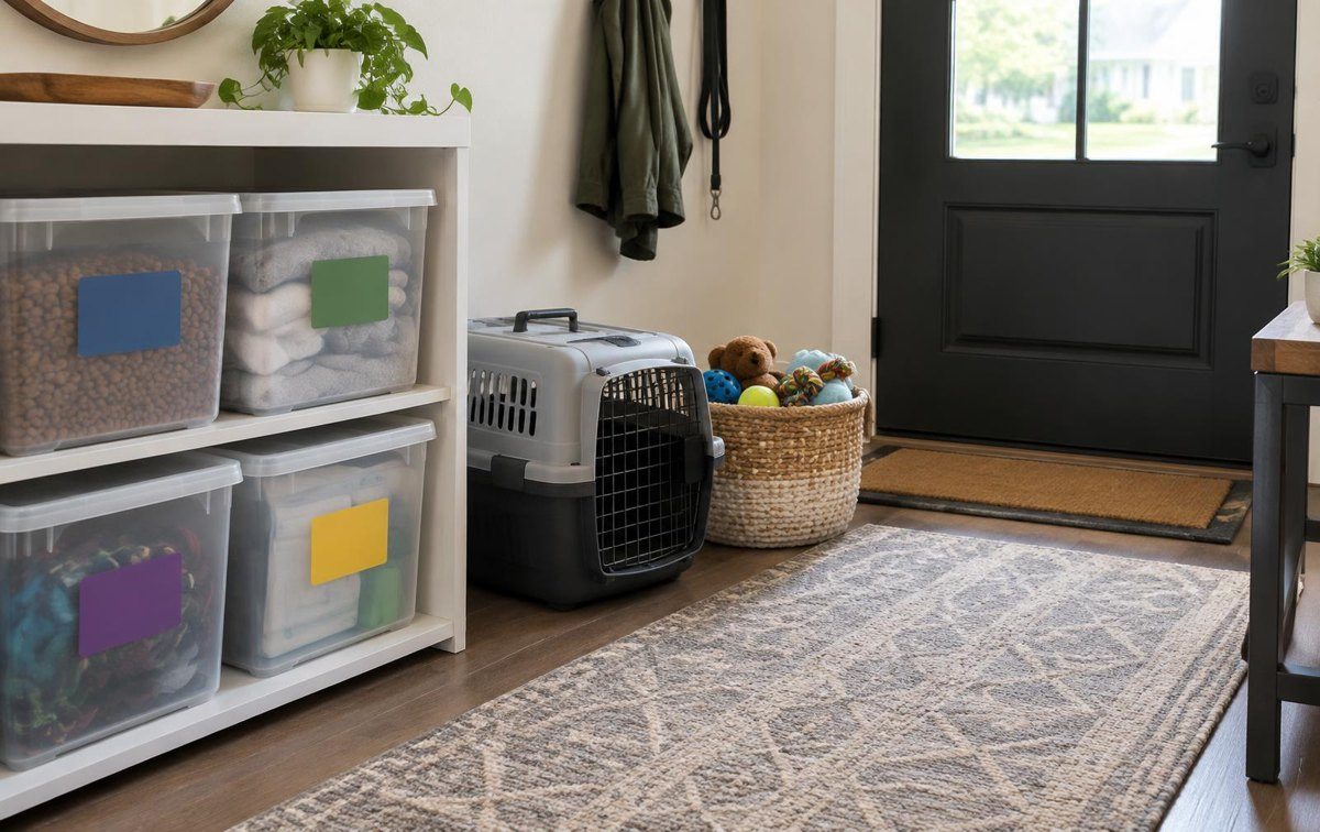 Entryway storage bins, a pet carrier, and belongings prepared for departure