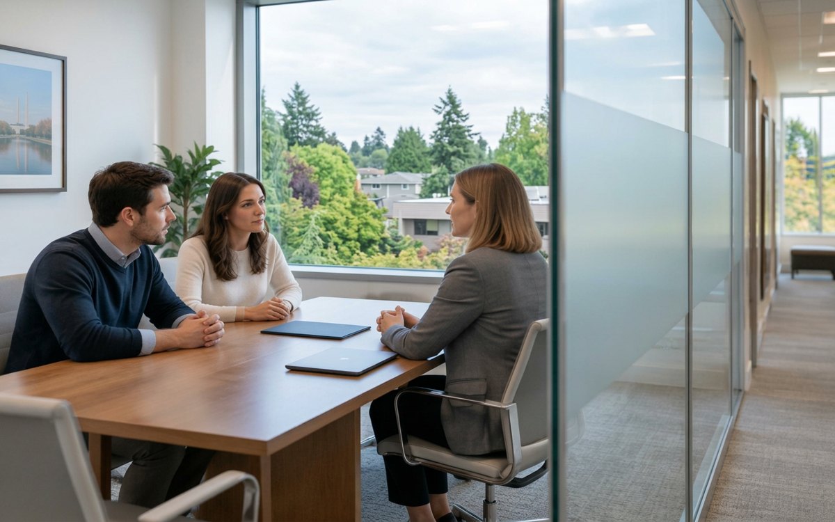Buyers and advisor in a private consultation room — AI-generated illustration, not actual clients.