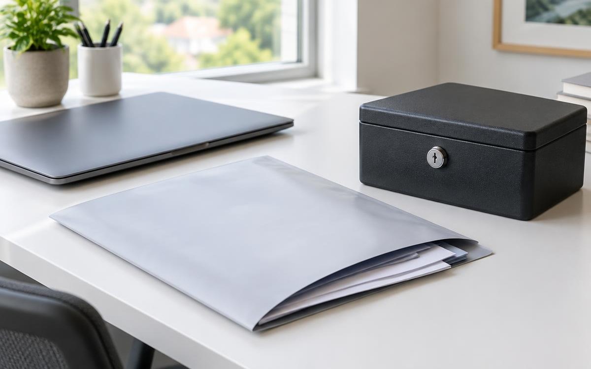 Document sleeve beside a closed laptop and lockable document box