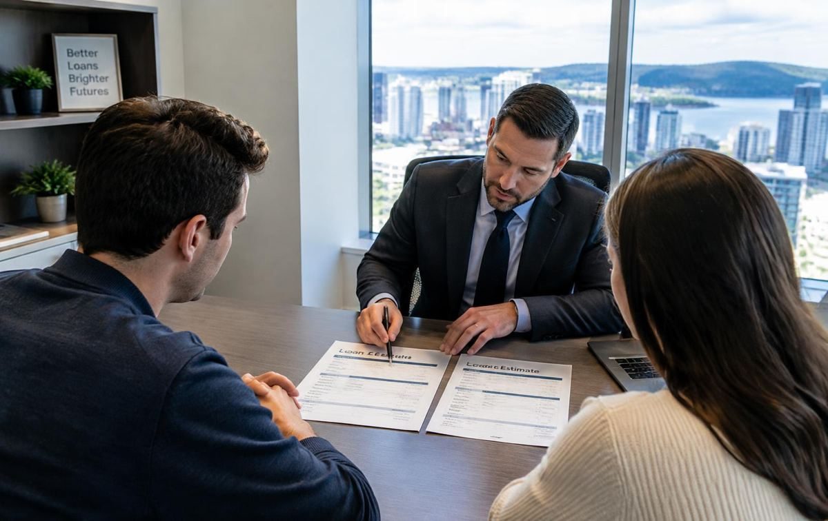 Buyers meeting with a loan officer to review mortgage options