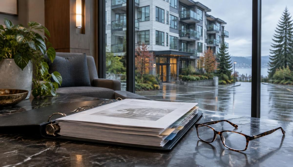 Association document binder in a condo lobby overlooking the building