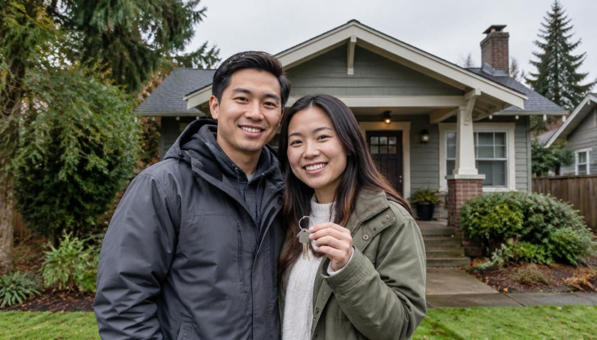 A couple holding house keys in front of a home