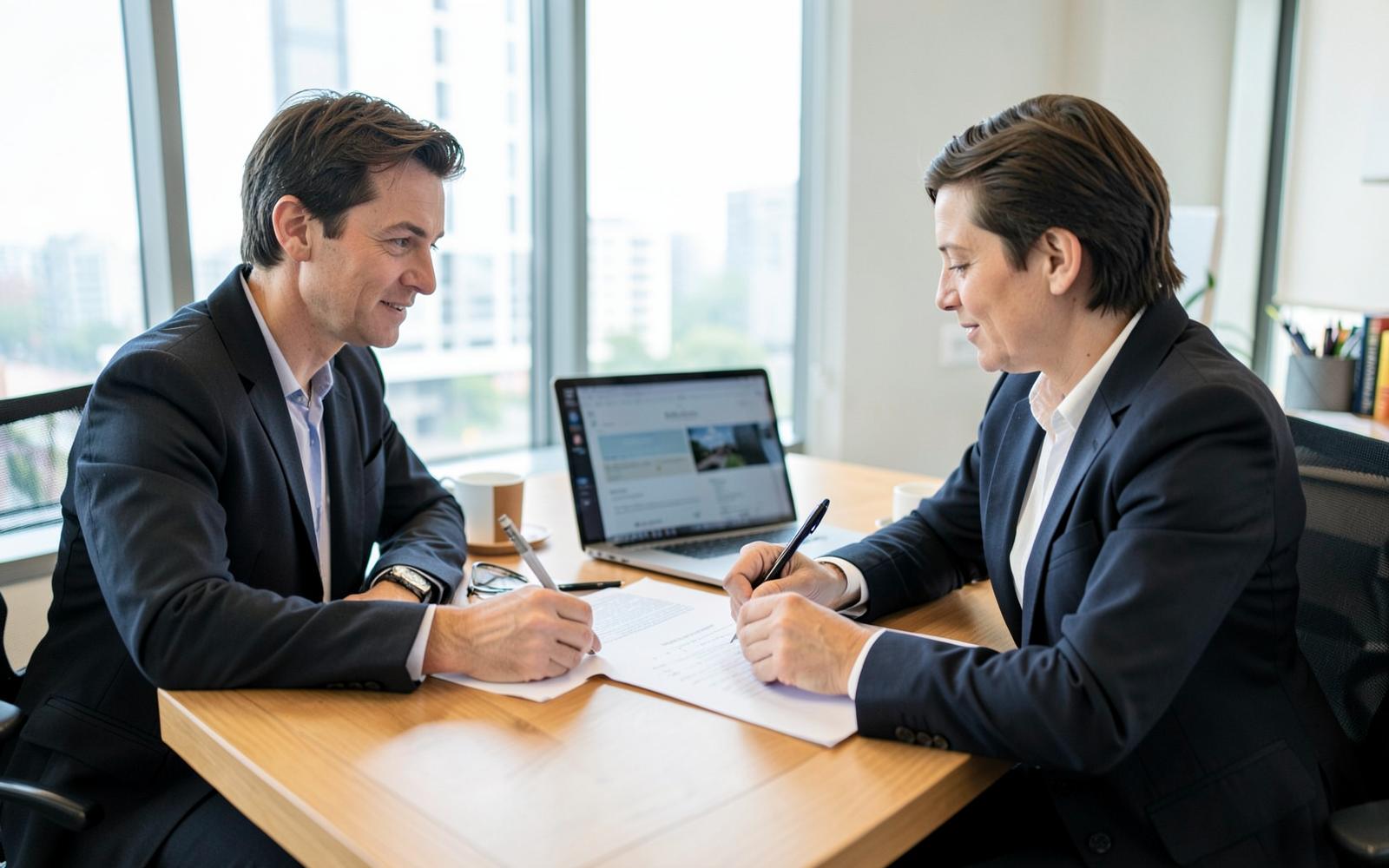 Broker and seller reviewing the next listing plan